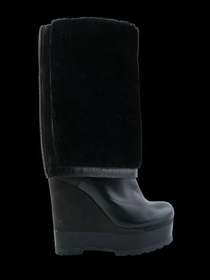 NEW Sergio Rossi Black Leather Wedge-Heeled Boots Size 38.5