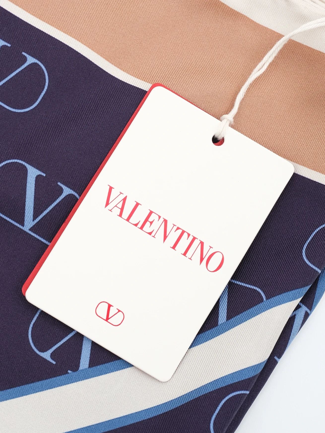 NEW Valentino Silk Scarf Combined Navy Blue &amp; Beige with Logo