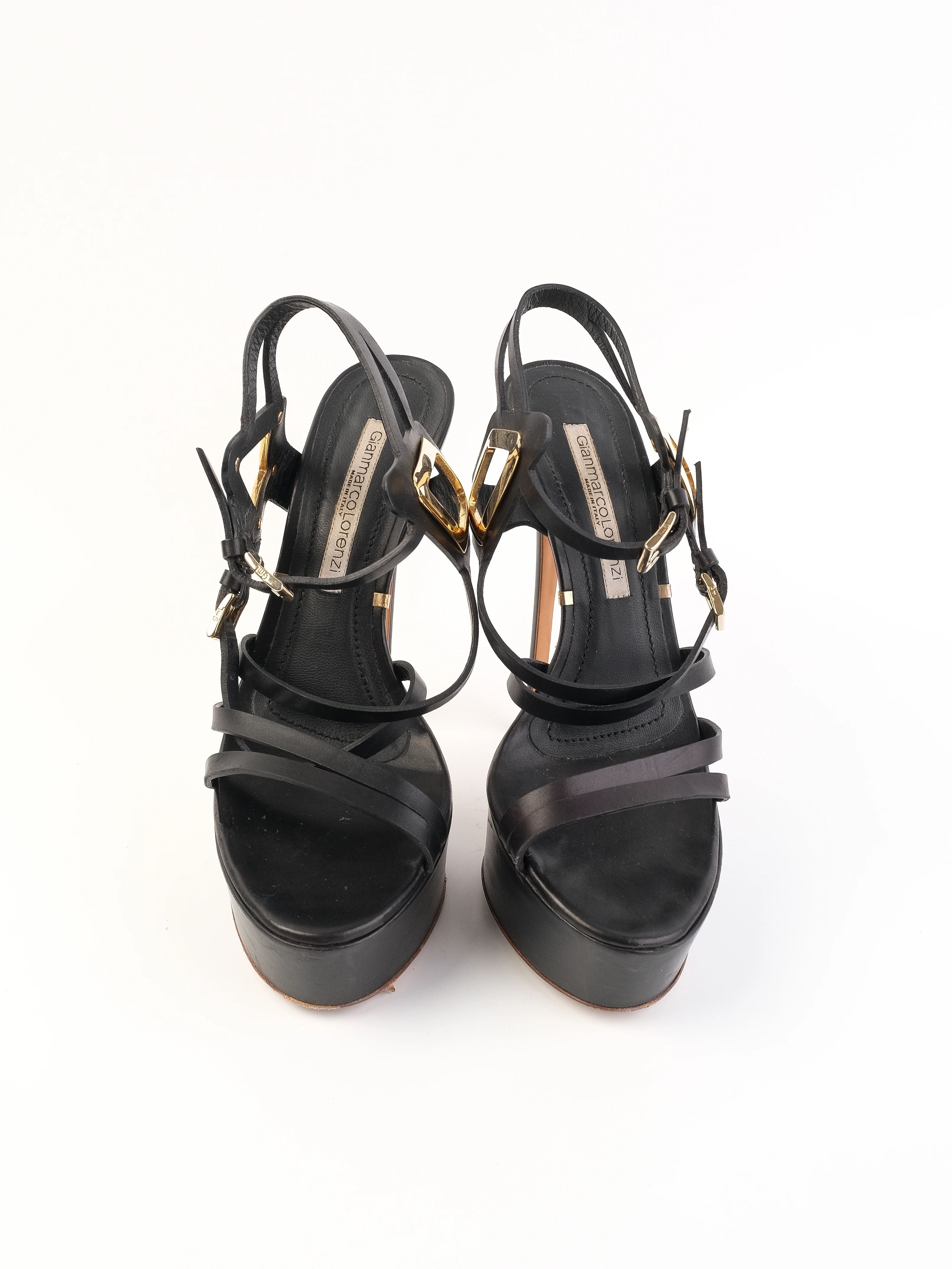 Excellent Gianmarco Lorenzi Black Leather High-Heeled Sandals Size 38