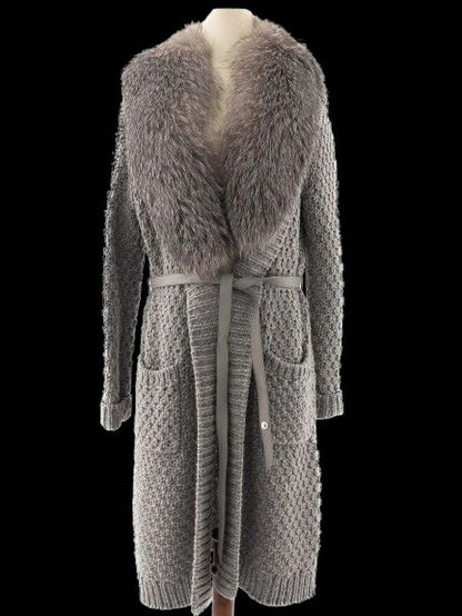 Loro Piana Gray Leather Knit Coat with Faux Fur Collar Size M