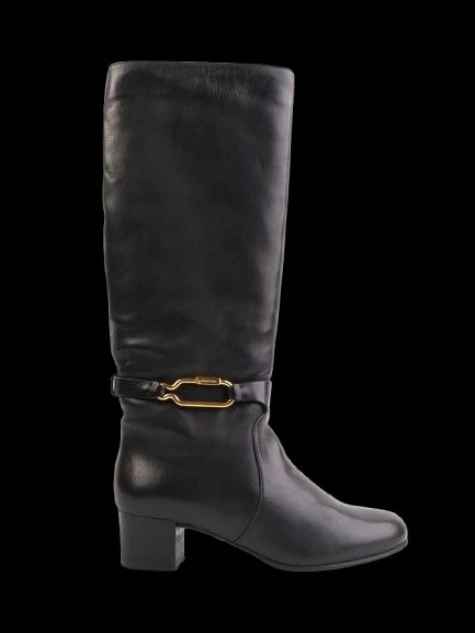 Excellent Sergio Rossi Black Leather High Boots Size 38 with Gold Buckle