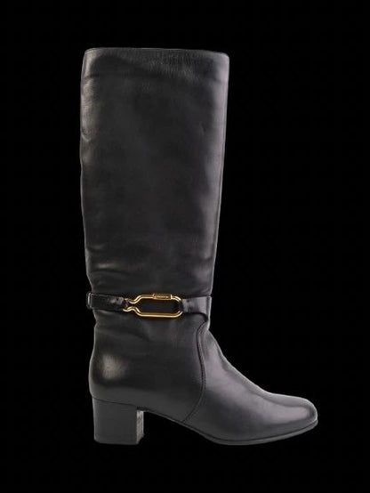 Excellent Sergio Rossi Black Leather High Boots Size 38 with Gold Buckle