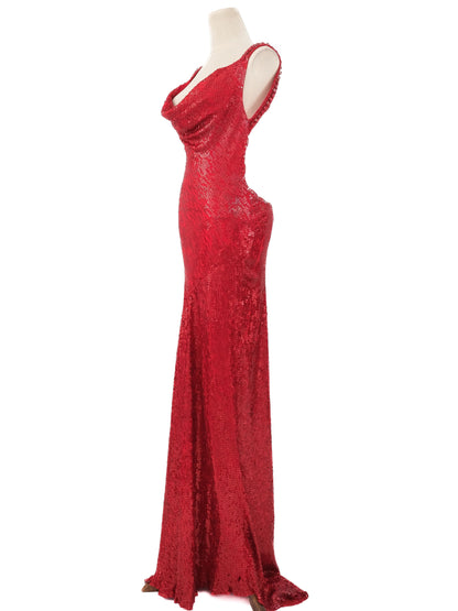 Excellent Jenny Packham Red Silk Sequined Gown Size M