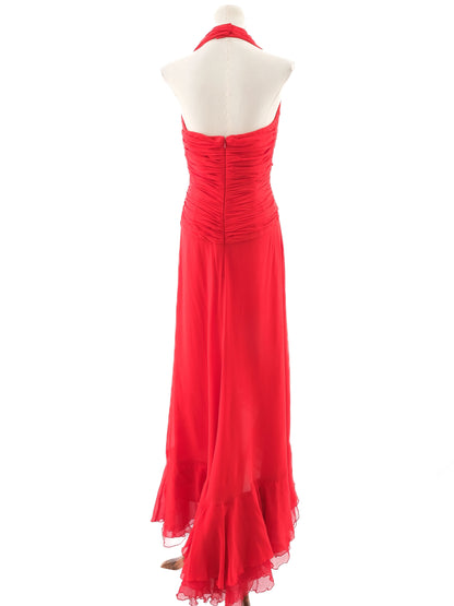 Excellent Luisa Spagnoli Red Silk Evening Gown Size L Halter Neck