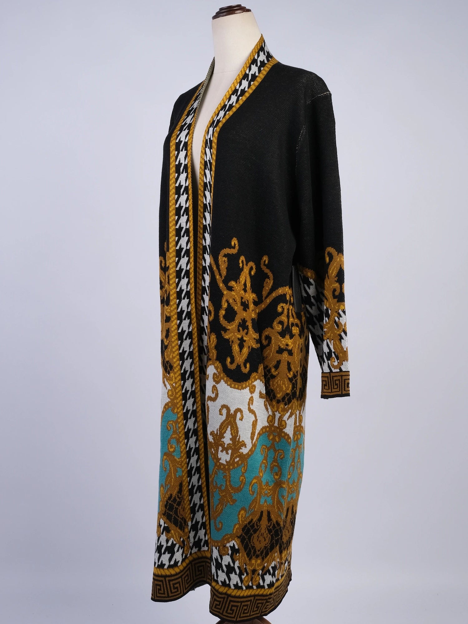 NEW Max Sport Long Wool Cardigan Black Gold Turquoise Houndstooth Women