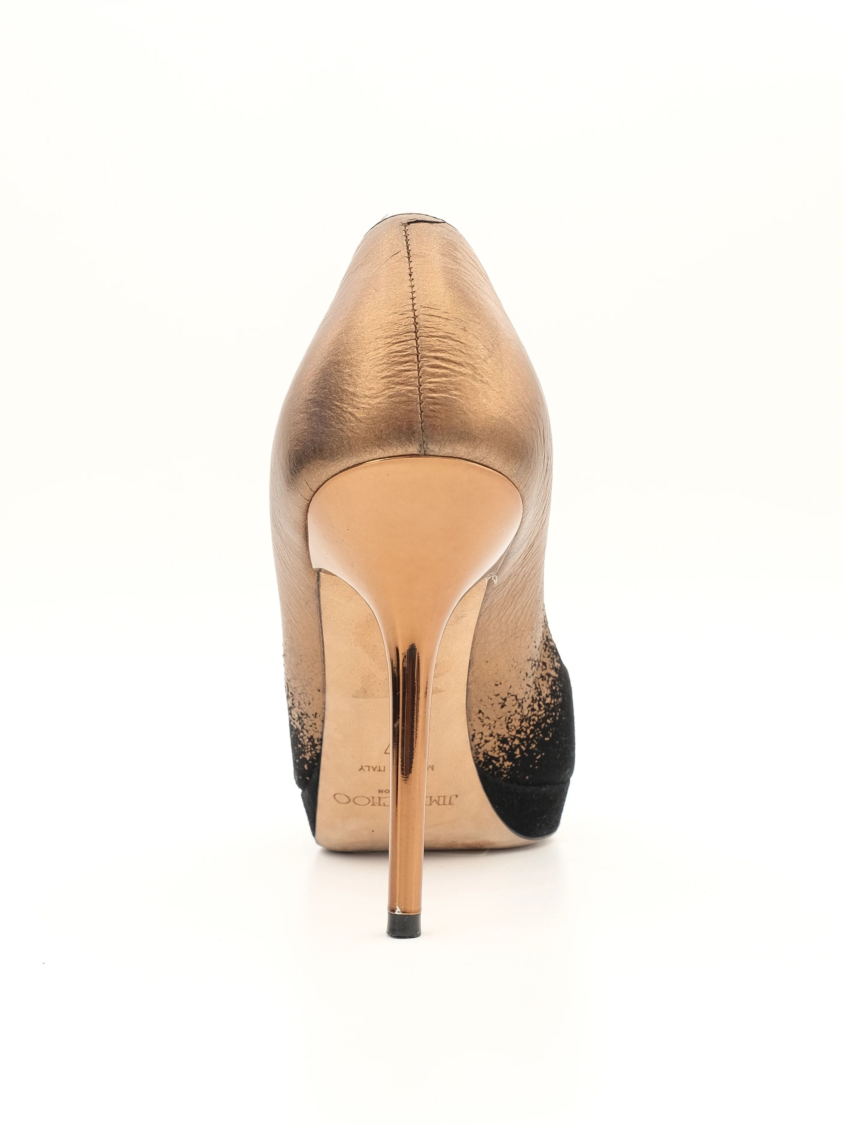 Jimmy Choo High-Heeled Shoes Black Gold Leather Size 37 Excellent