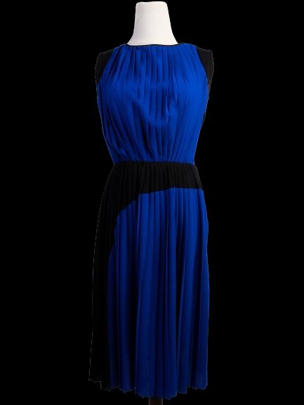 Excellent Stefanel Blue and Black Pleated Silk Dress - Size N/A