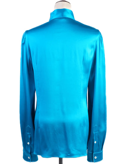 Excellent Dolce Gabbana Turquoise Silk Blouse Size L with Tie-Neck