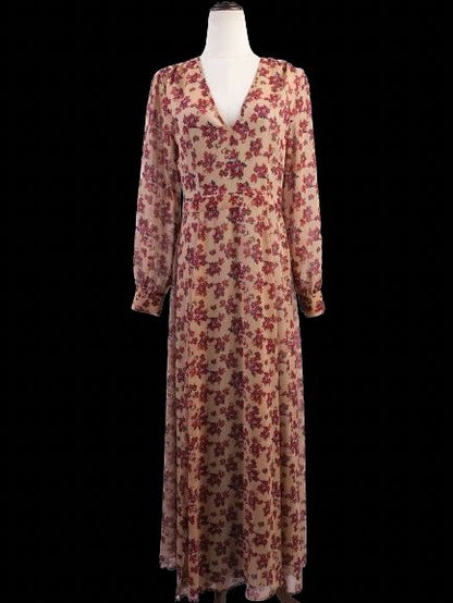Excellent TWINSET Floral Dress Beige Red Size S Long Sleeve V-neck