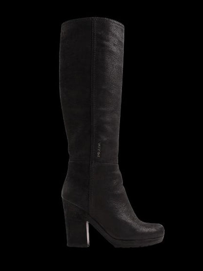 Good Prada Black Leather Knee-High Heeled Boots Size 35.5