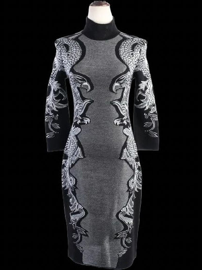 Excellent Roberto Cavalli Black Knit Dress M with Intricate White Patterns