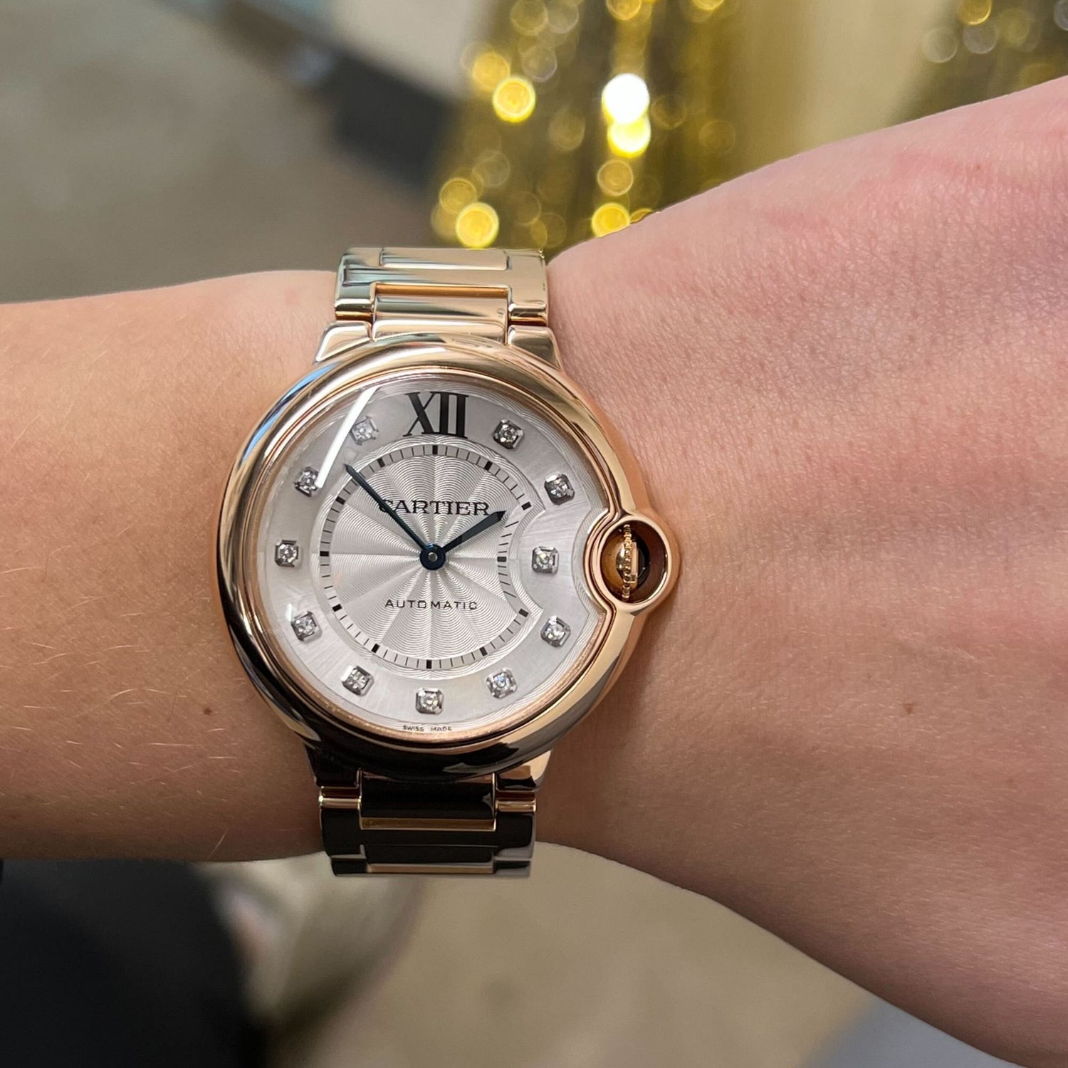 Cartier Ballon Bleu 36mm 18K Rose Gold Diamond Silver Dial Ladies Watch WE902026