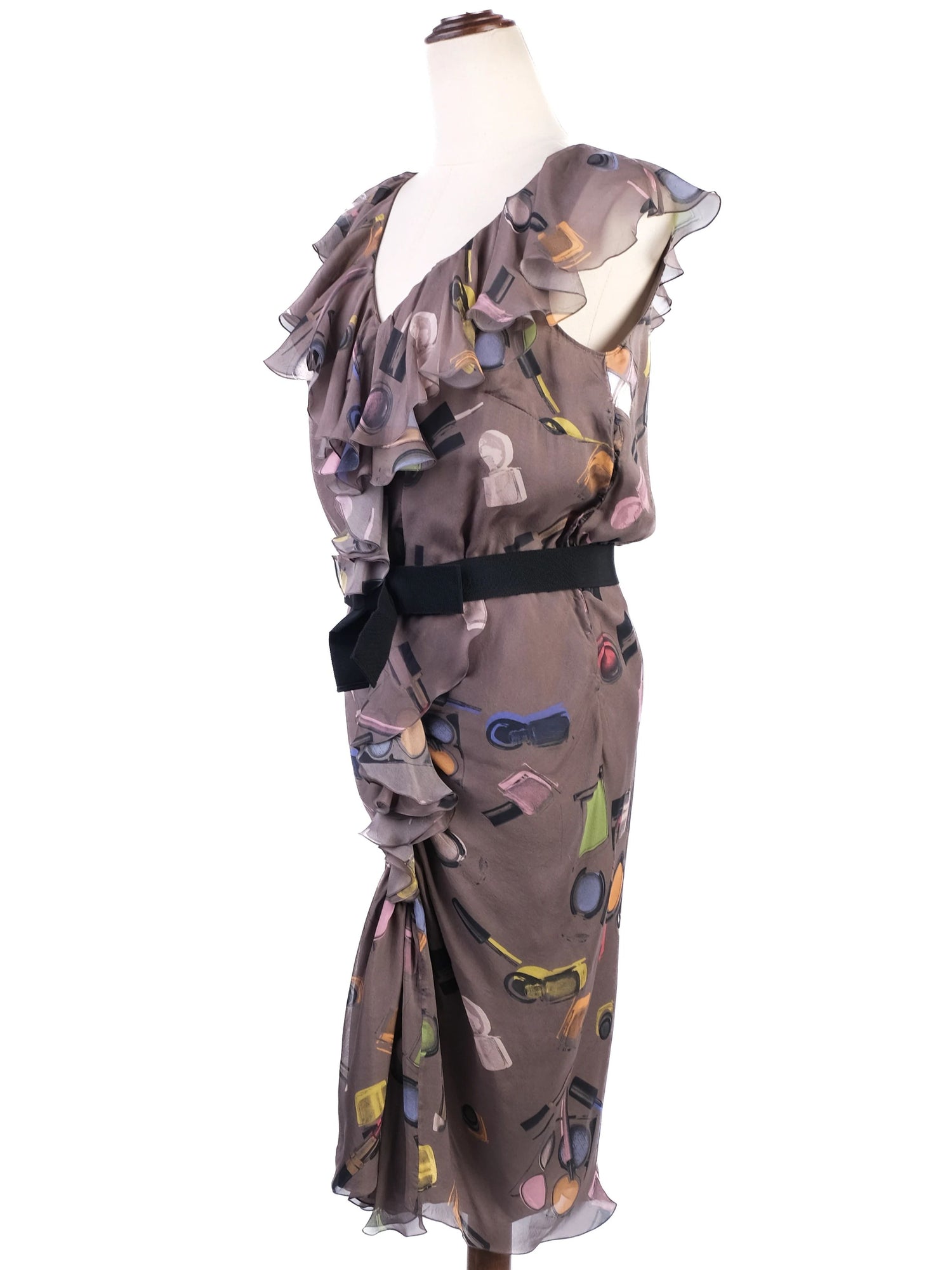 Excellent Moschino Ruffled Dress Combined Silk Size M Makeup Print