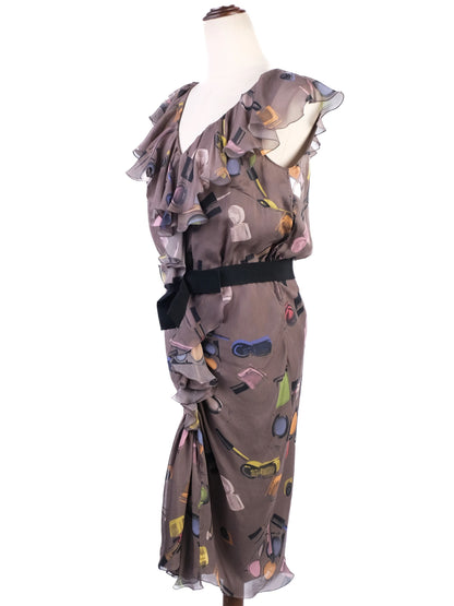 Excellent Moschino Ruffled Dress Combined Silk Size M Makeup Print