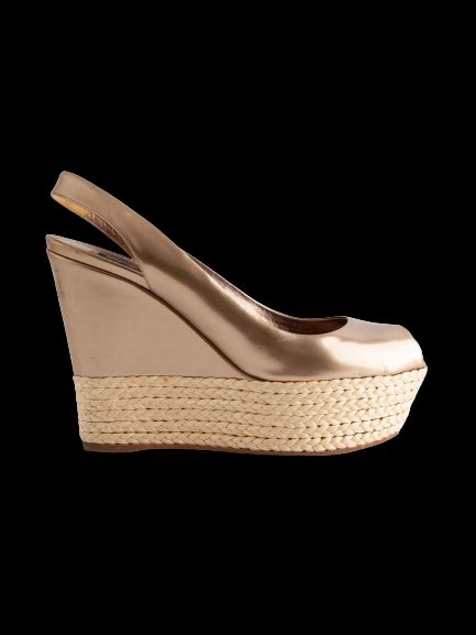 Good Louis Vuitton Yellow Wedge Sandals Size 37.5 Metallic Lacquer