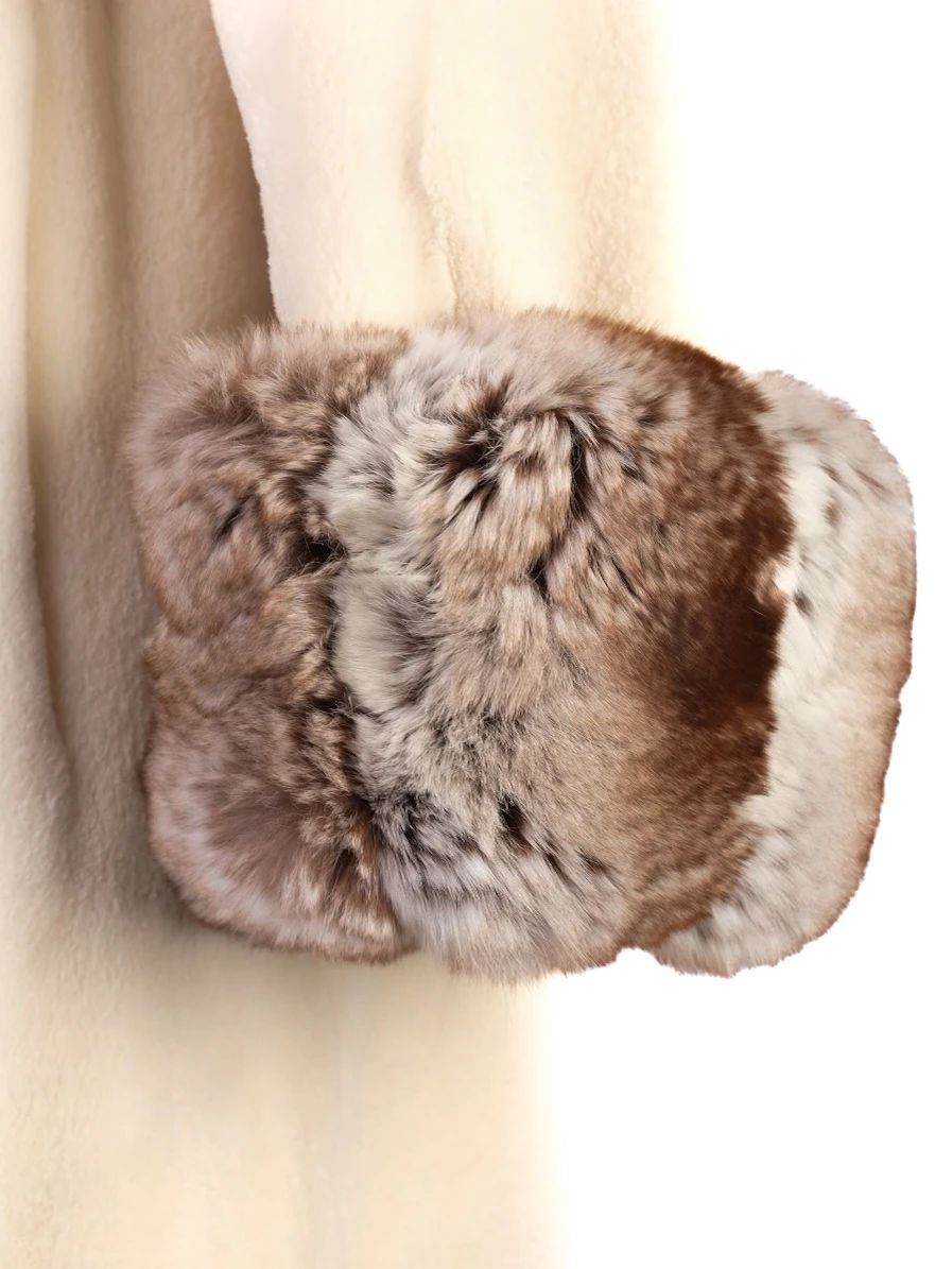 Excellent Yves Salamon White Fur Coat with Brown Trim Size M