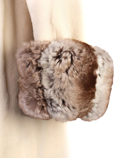 Excellent Yves Salamon White Fur Coat with Brown Trim Size M