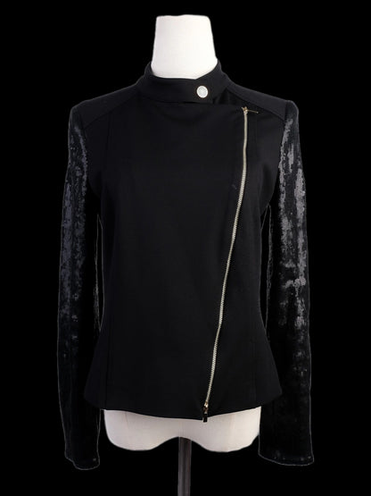 Excellent Pennyblack Black Nylon Jacket Size L with Sequined Sleeves