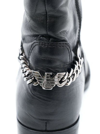 Excellent Emporio Armani Black Leather Boots with Chain Detail Size 40.5