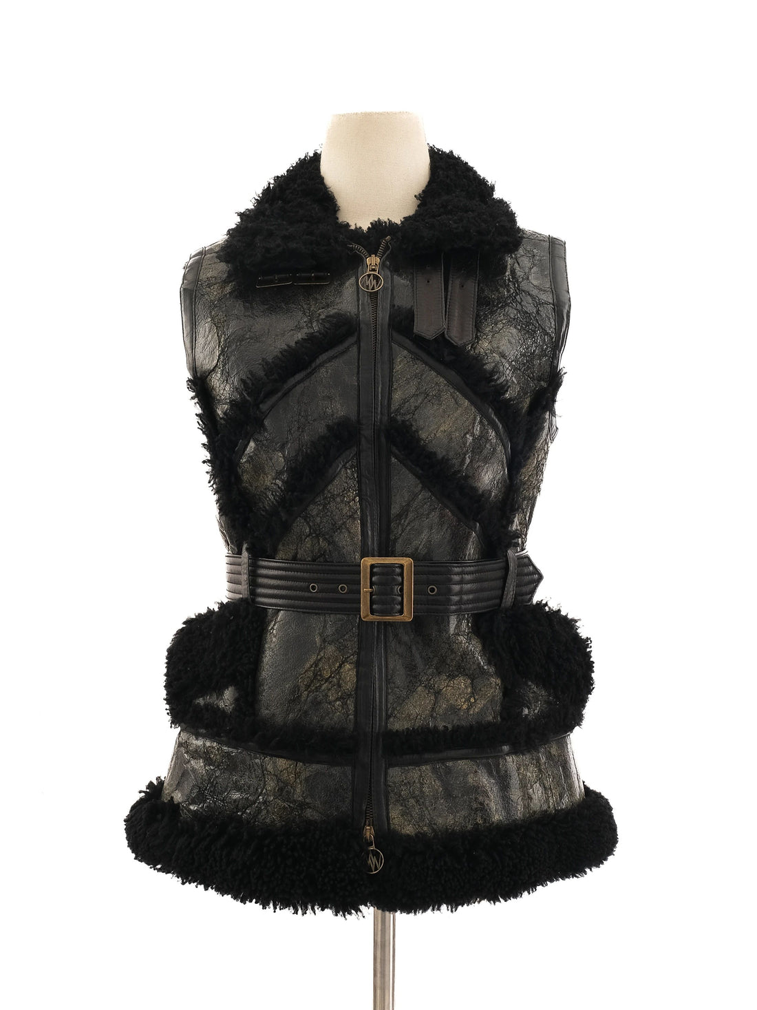 Excellent Black Leather Sleeveless Vest Size L with Fluffy Texture