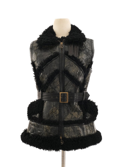 Excellent Black Leather Sleeveless Vest Size L with Fluffy Texture