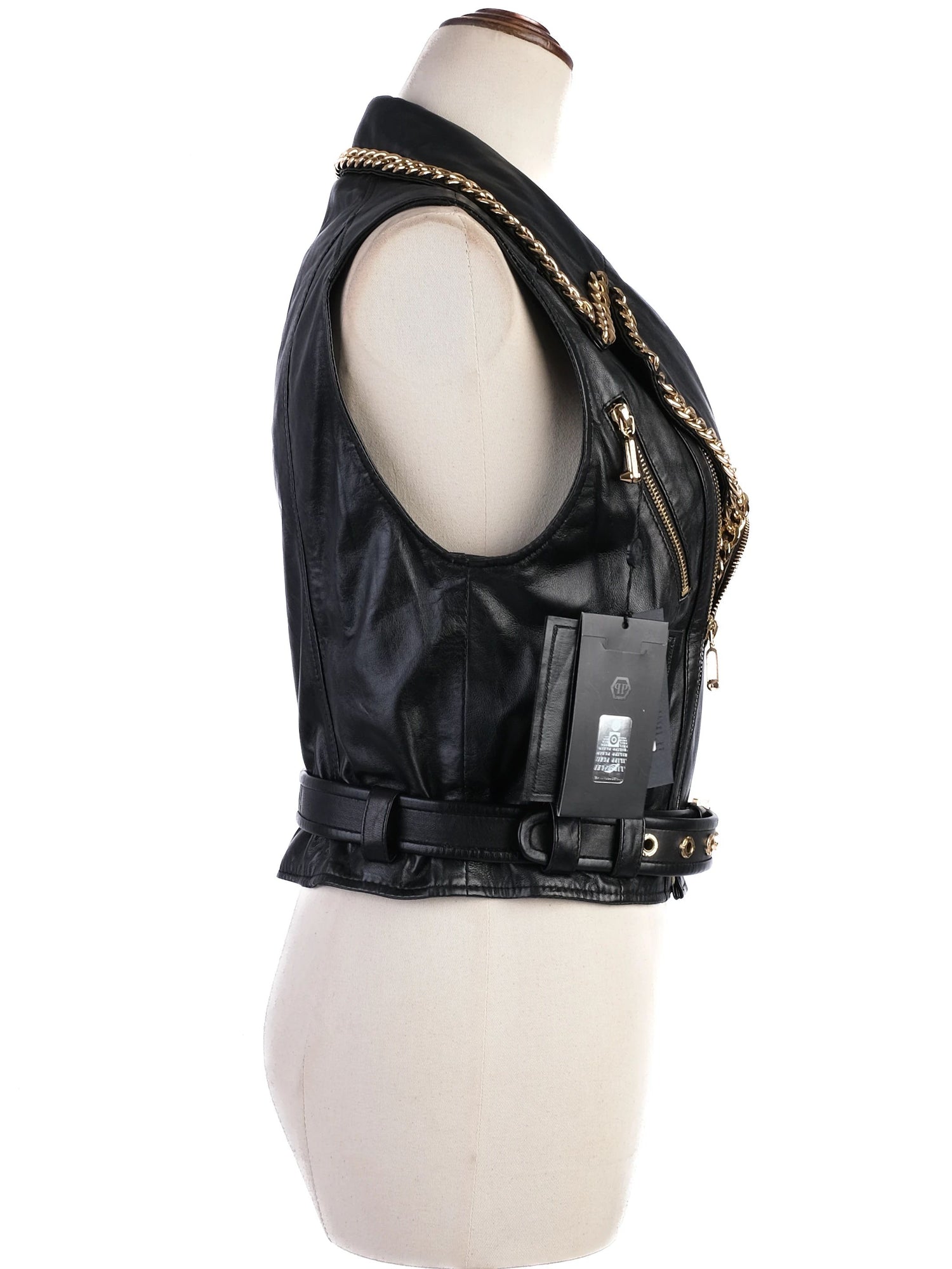 NEW Phillipp Plein Black Leather Vest M with Gold Chain Accents