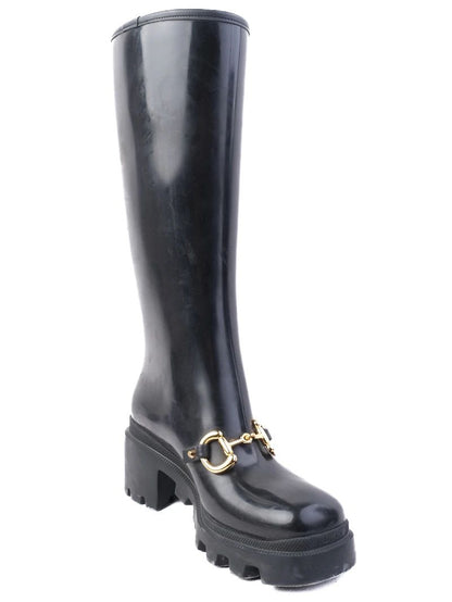 Excellent Gucci Black Knee-High Platform Boots with Gold Buckle Detail
