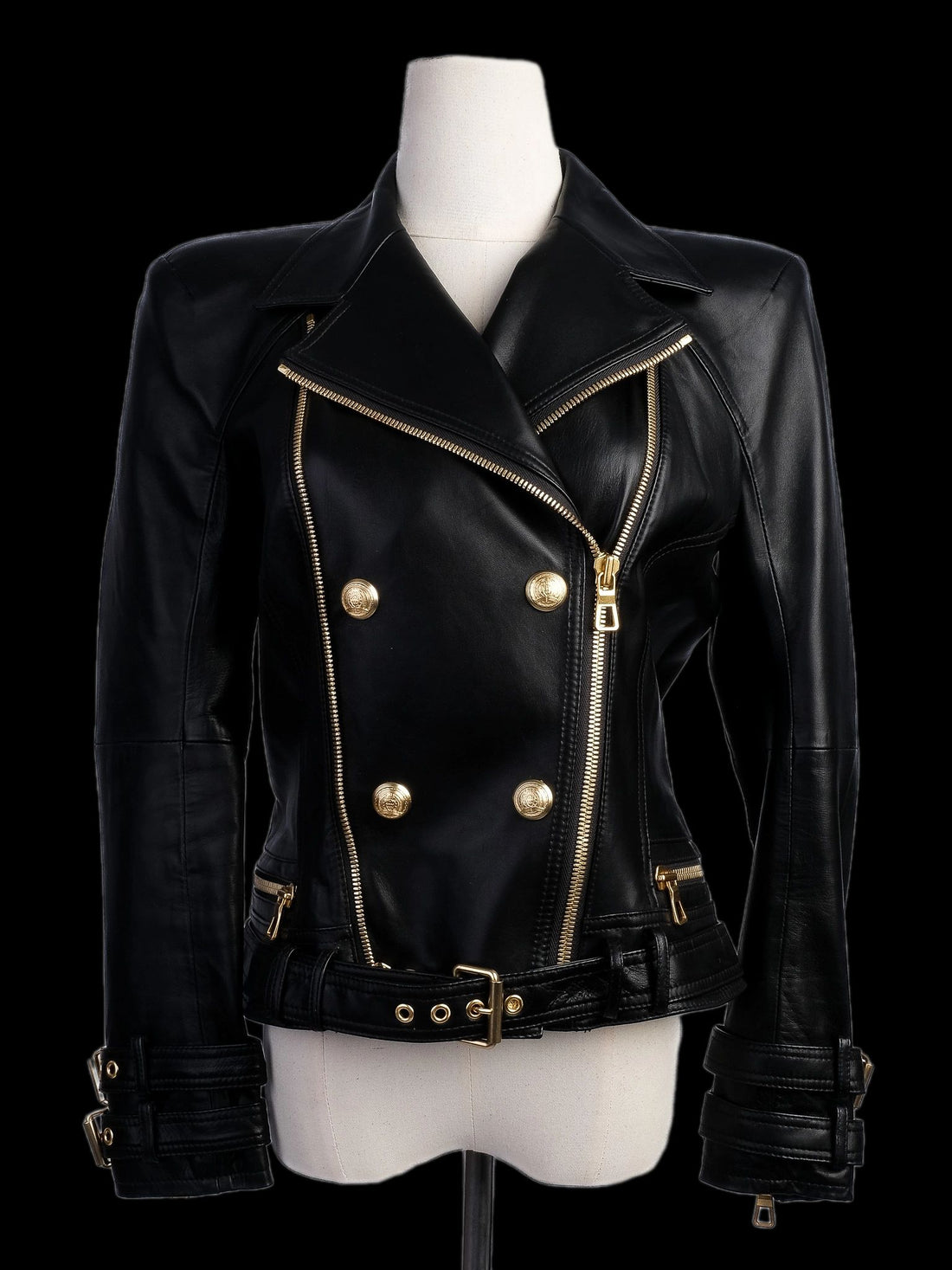 Excellent H&M & Balmain Black Leather Jacket with Gold Accents
