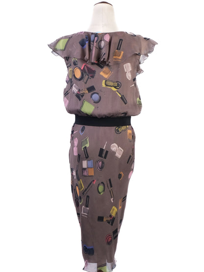Excellent Moschino Ruffled Dress Combined Silk Size M Makeup Print