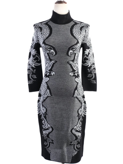 Excellent Roberto Cavalli Black Knit Dress M with Intricate White Patterns