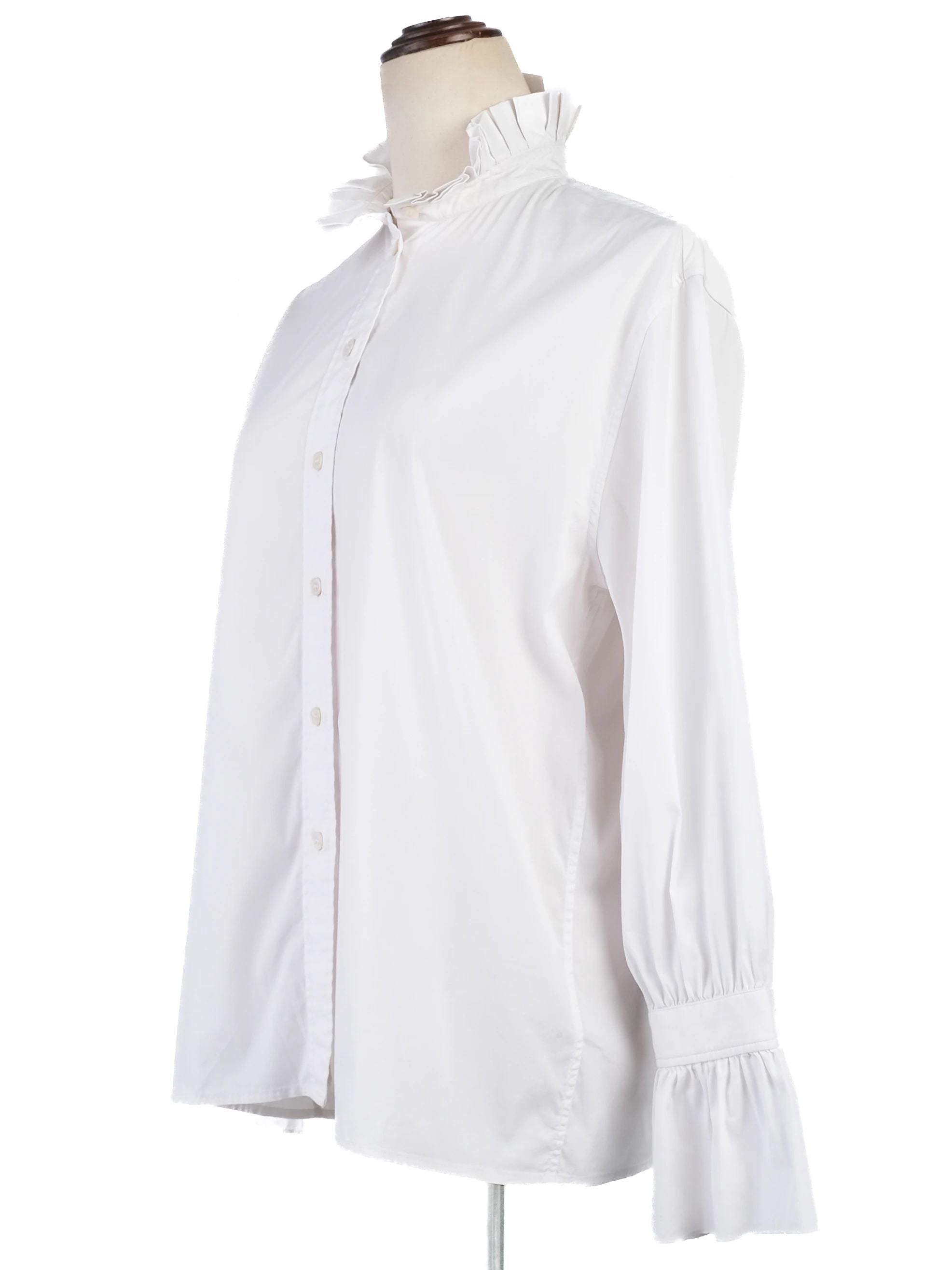 Excellent Burberry White Nylon Blouse with Ruffled Collar Size UK 8