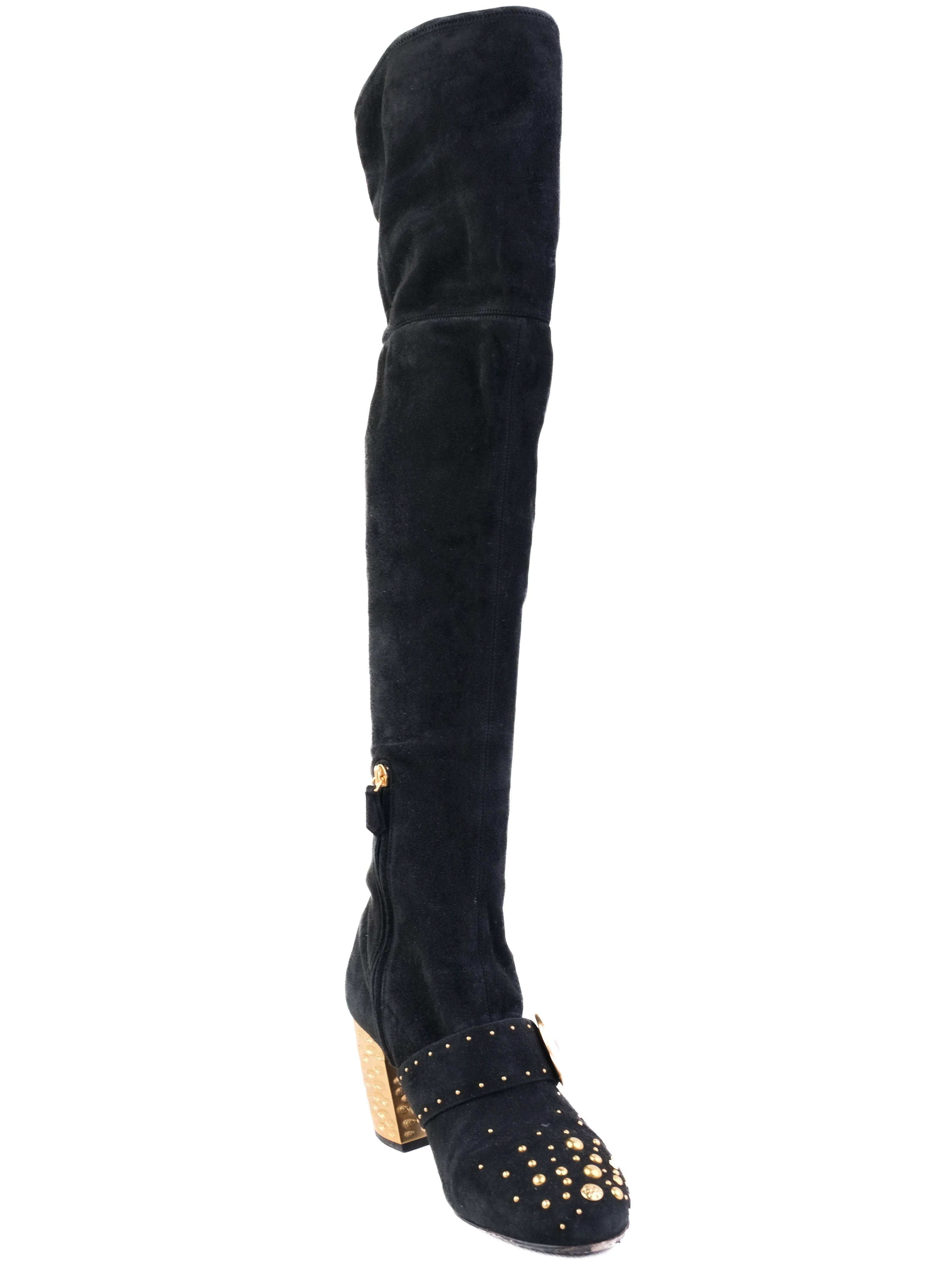 Excellent Prada Black Leather Thigh-High Boots Size 40 with Gold Accents