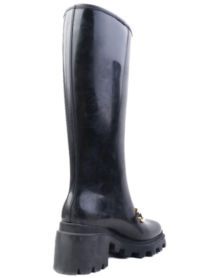 Excellent Gucci Black Knee-High Platform Boots with Gold Buckle Detail