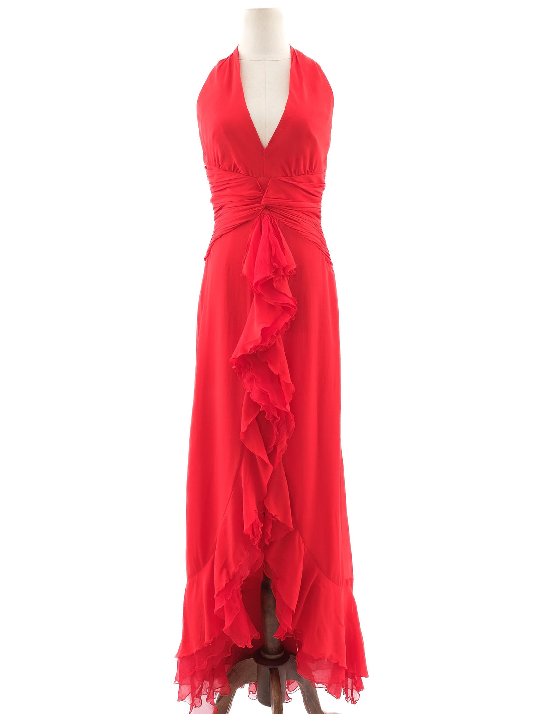 Excellent Luisa Spagnoli Red Silk Evening Gown Size L Halter Neck