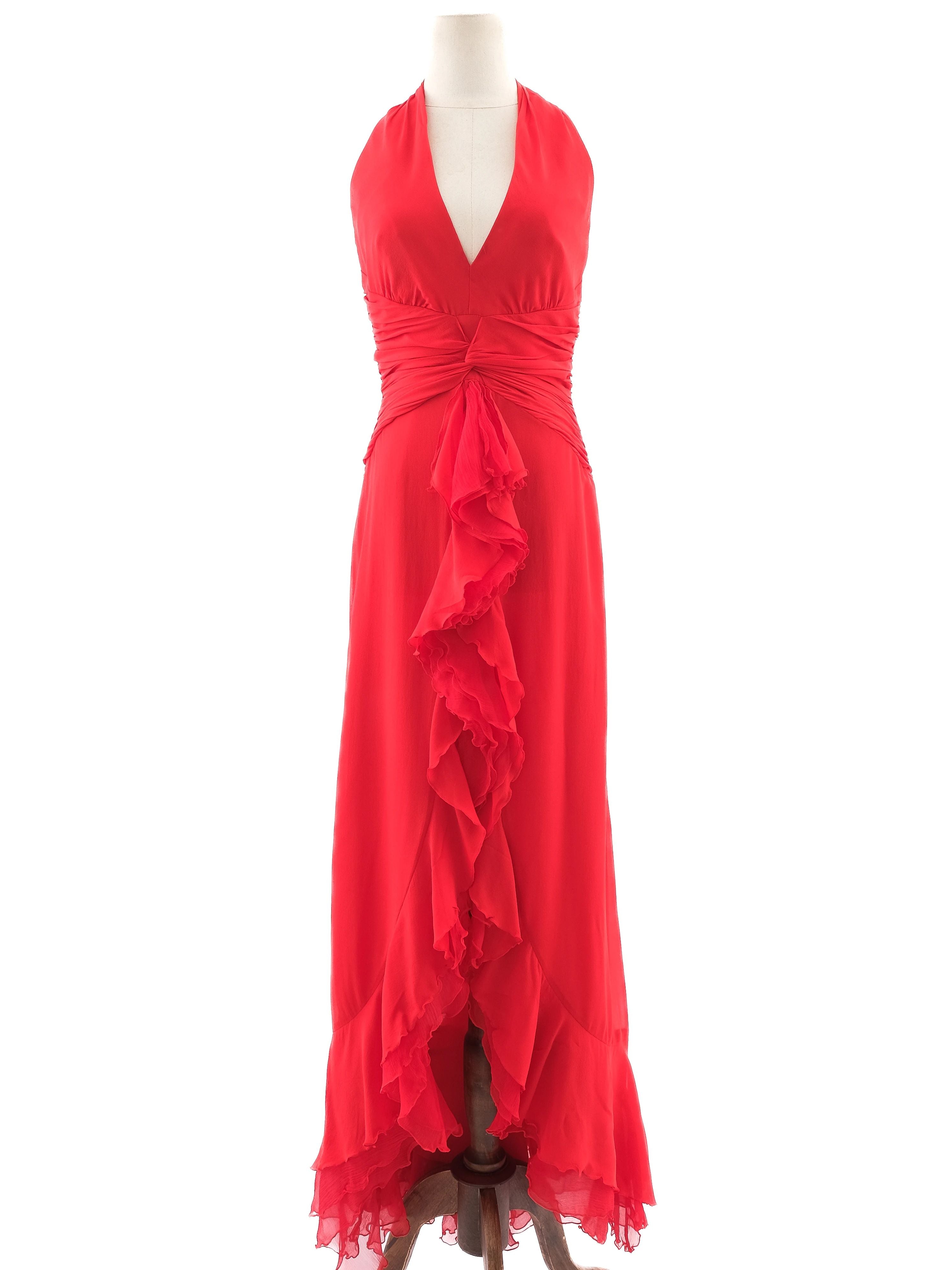 Excellent Luisa Spagnoli Red Silk Evening Gown Size L Halter Neck