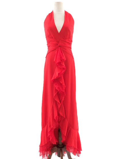 Excellent Luisa Spagnoli Red Silk Evening Gown Size L Halter Neck