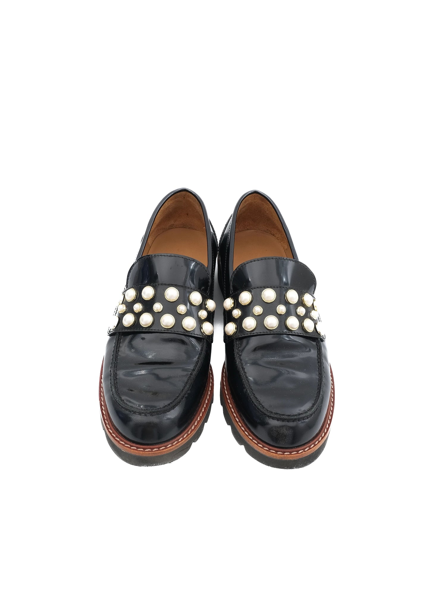 Excellent Stuart Weitzman Black Leather Loafers Size 36.5 with Pearls &amp; Studs