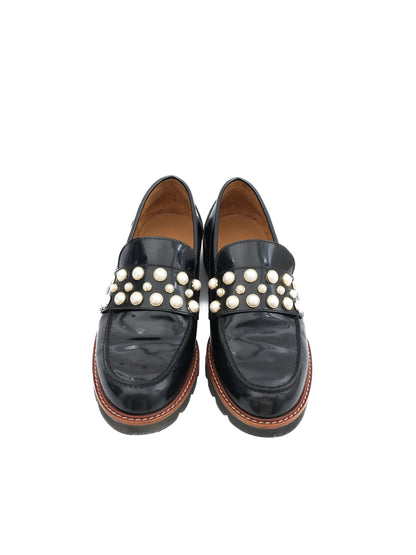 Excellent Stuart Weitzman Black Leather Loafers Size 36.5 with Pearls &amp; Studs