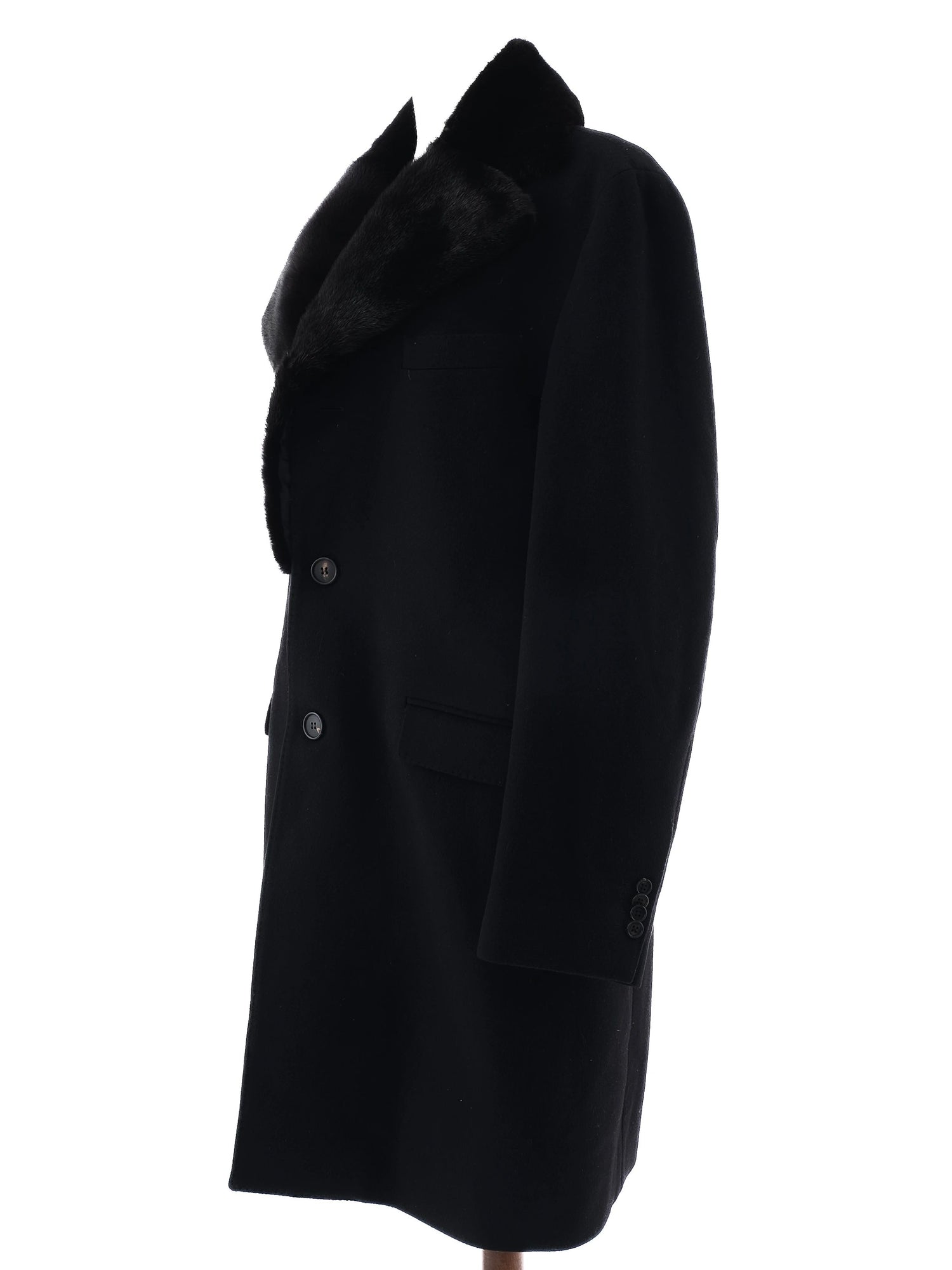 Excellent Smalto Black Cashmere Coat with Fur Collar Size XL