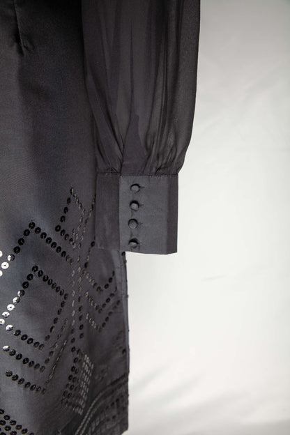 Good Monsoon Black Silk Dress Size S V-Neck with Embellished Sleeves