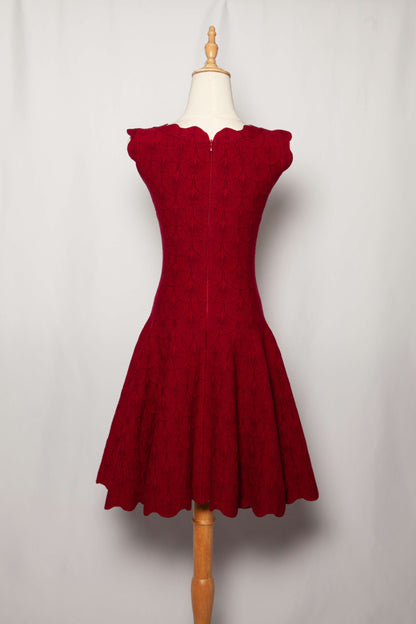 Excellent Alaia Red Cashmere Wool Dress with Scalloped Details