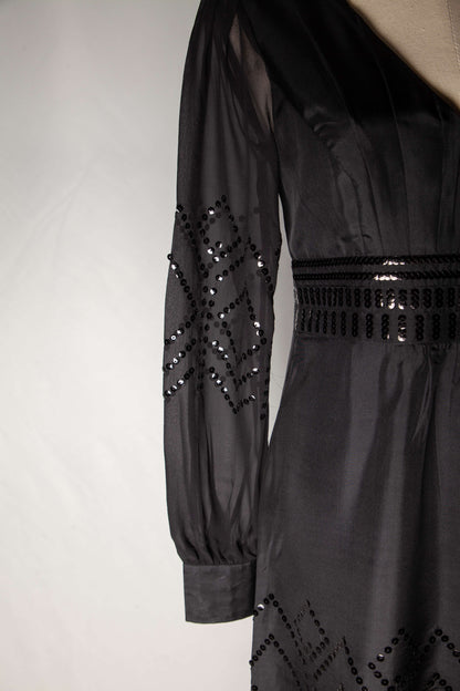Good Monsoon Black Silk Dress Size S V-Neck with Embellished Sleeves