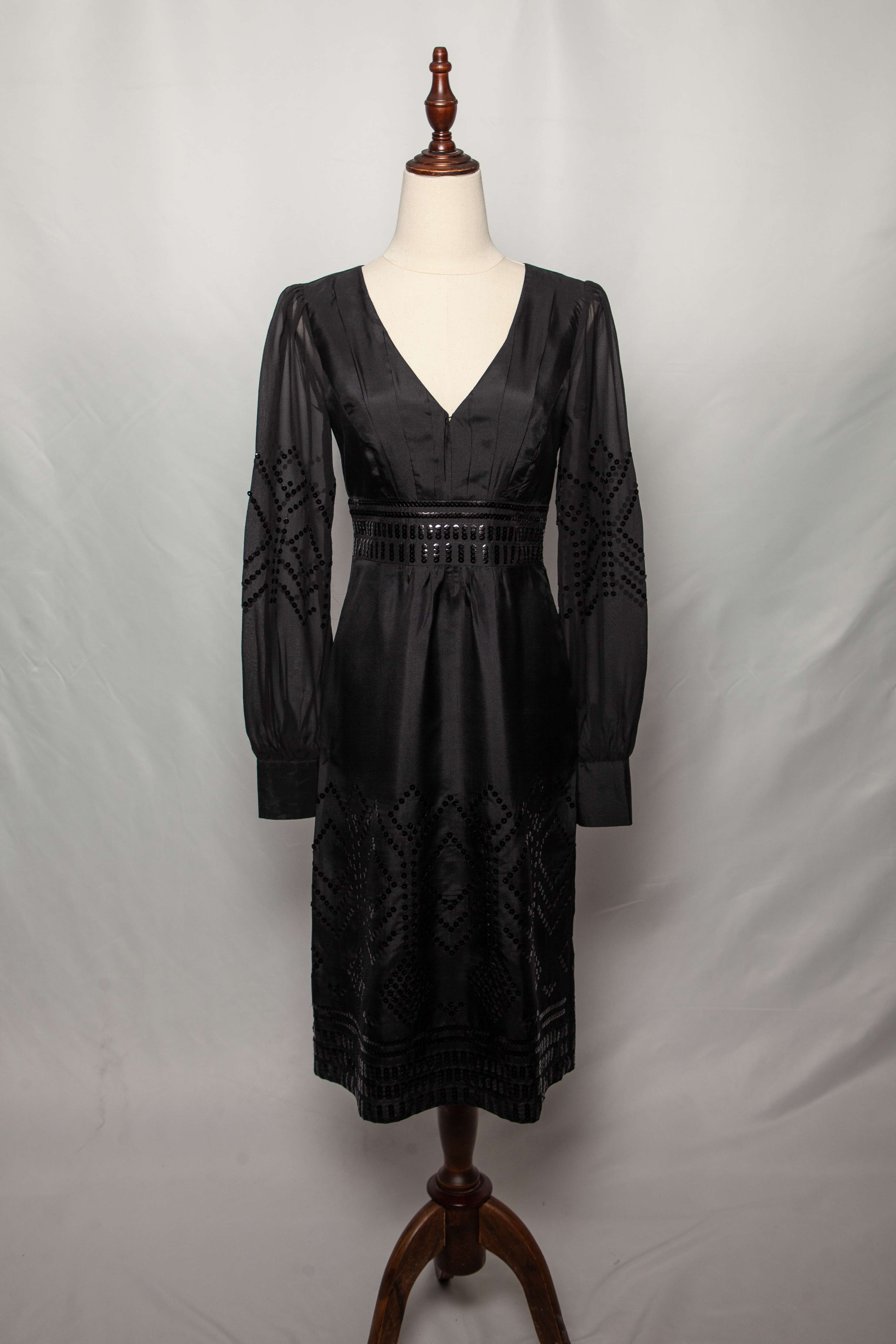 Good Monsoon Black Silk Dress Size S V-Neck with Embellished Sleeves
