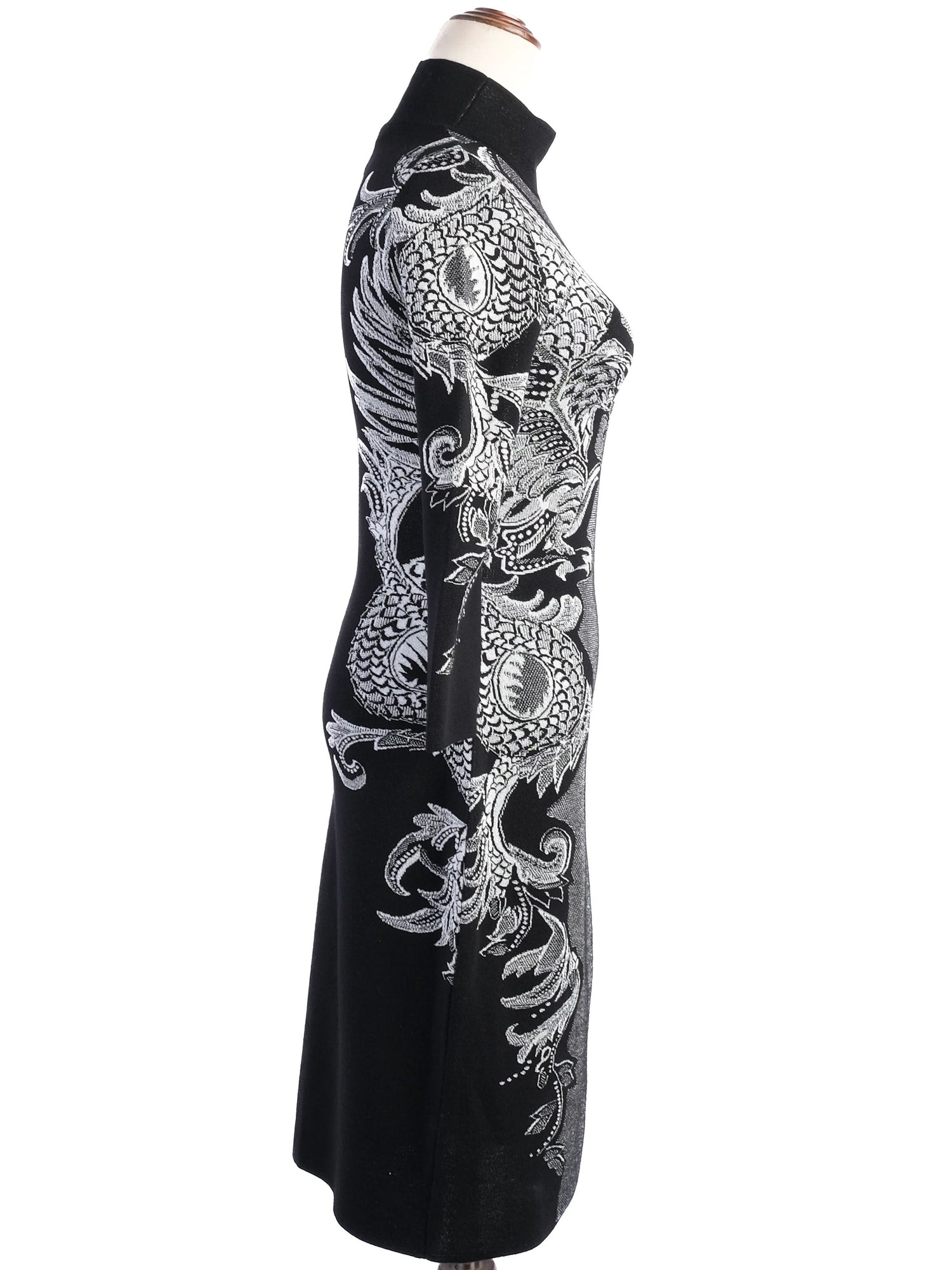 Excellent Roberto Cavalli Black Knit Dress M with Intricate White Patterns