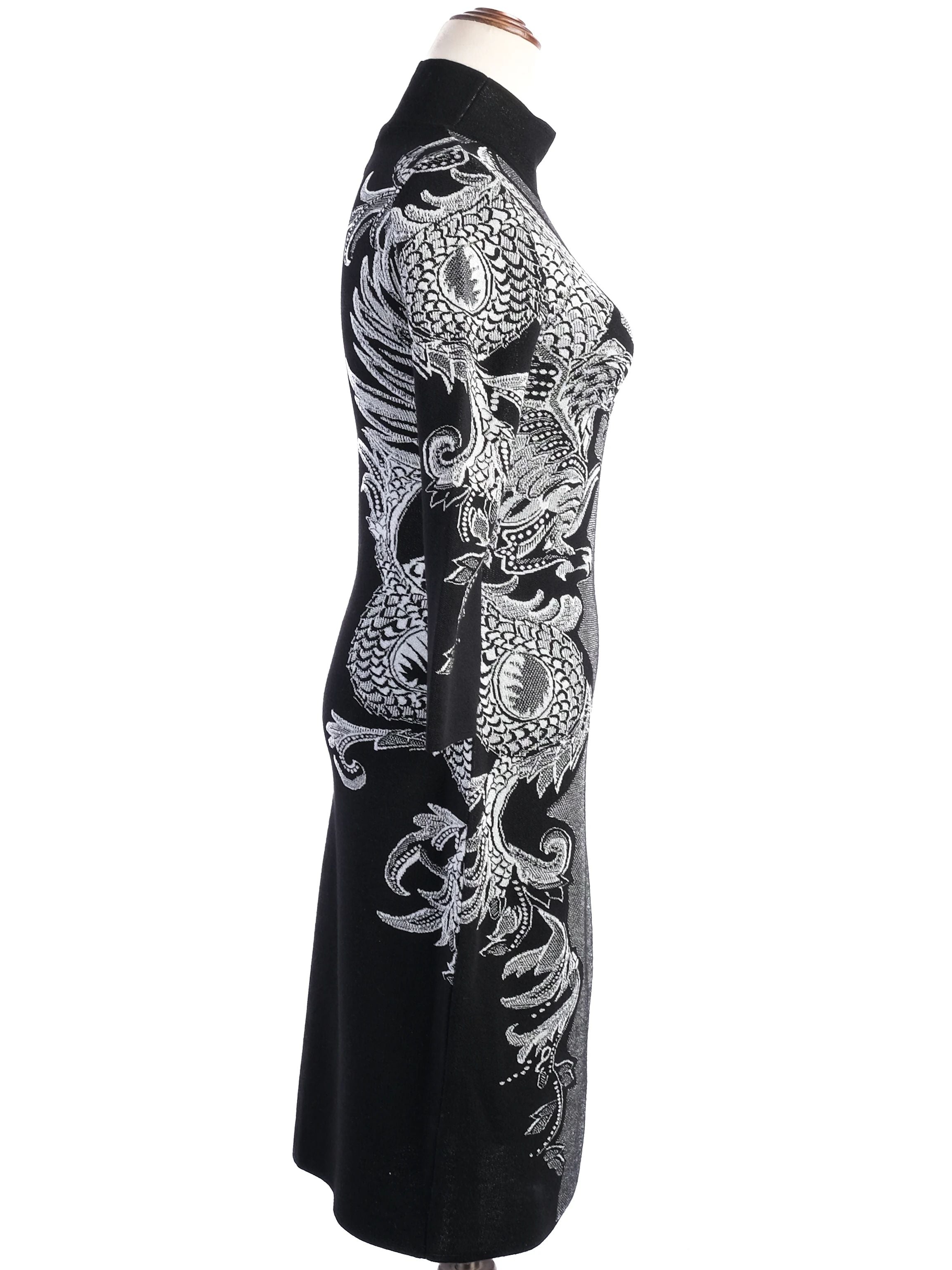 Excellent Roberto Cavalli Black Knit Dress M with Intricate White Patterns