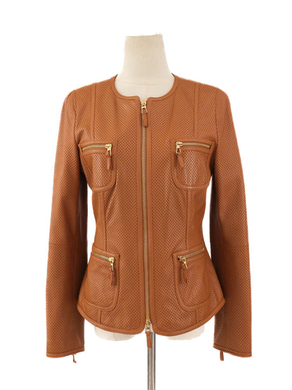 Excellent Luisa Spagnoli Orange Leather Jacket Women Size M