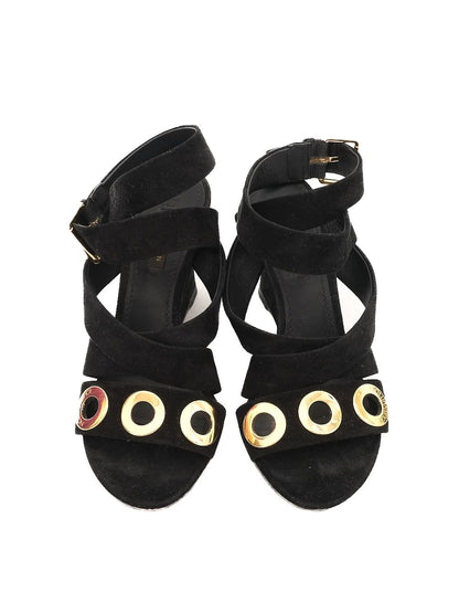 Excellent Louis Vuitton Black Suede Wedge Sandals Size 36.5