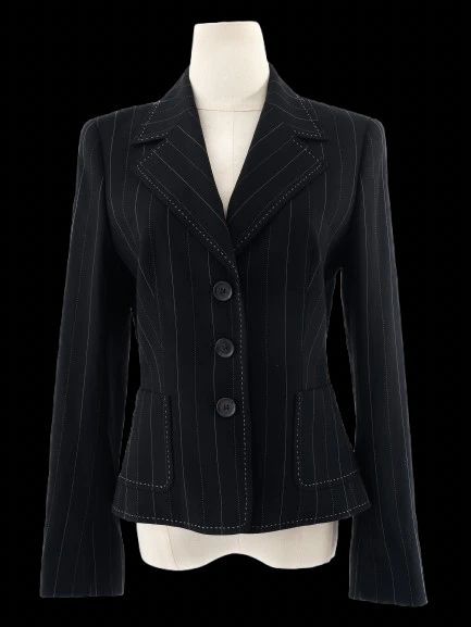 Excellent Escada Black Wool Pinstripe Blazer Size S
