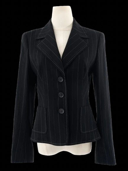 Excellent Escada Black Wool Pinstripe Blazer Size S