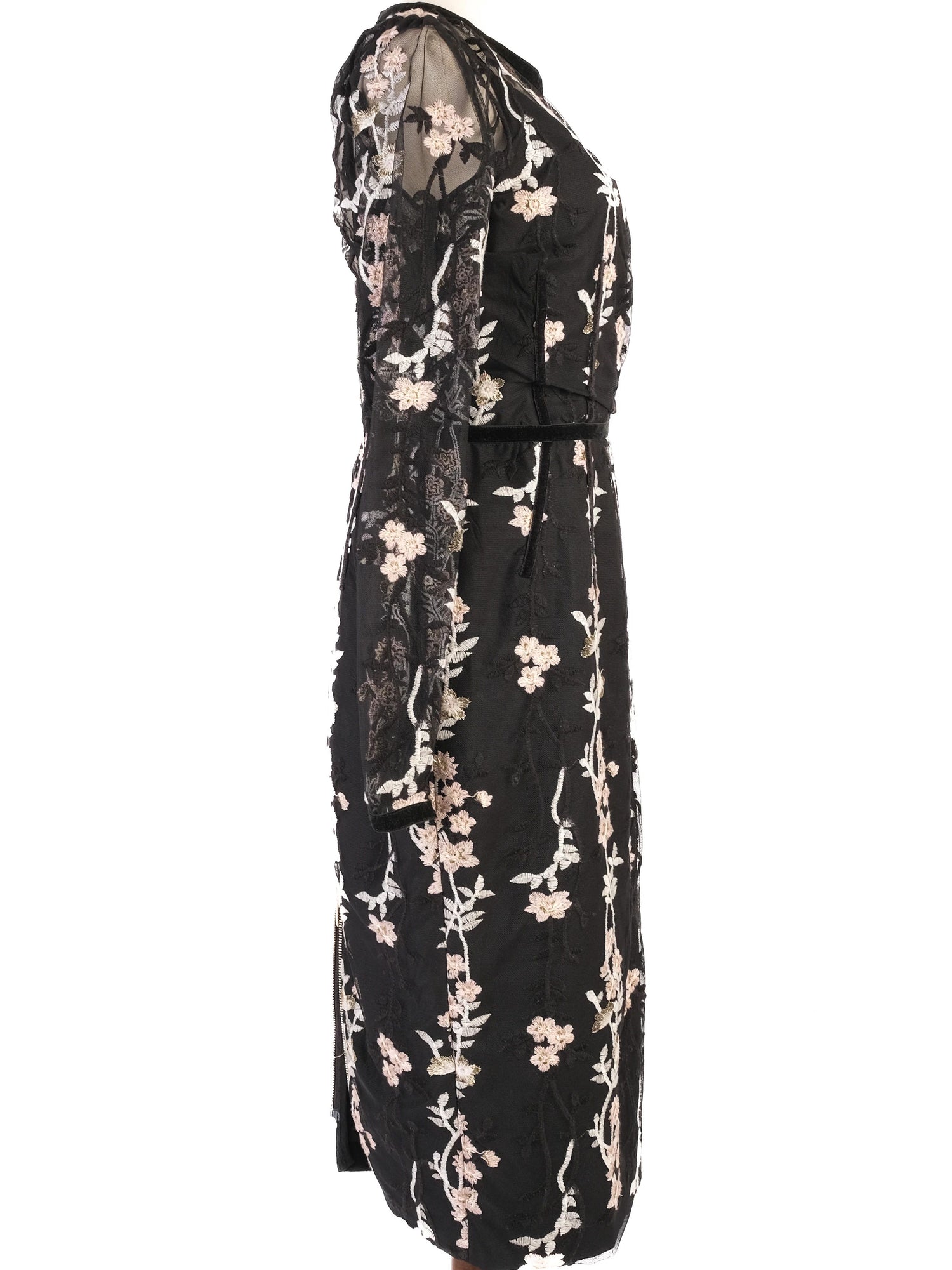 Excellent Bronx&amp;Banco Black Floral Dress with Sheer Sleeves, Size M